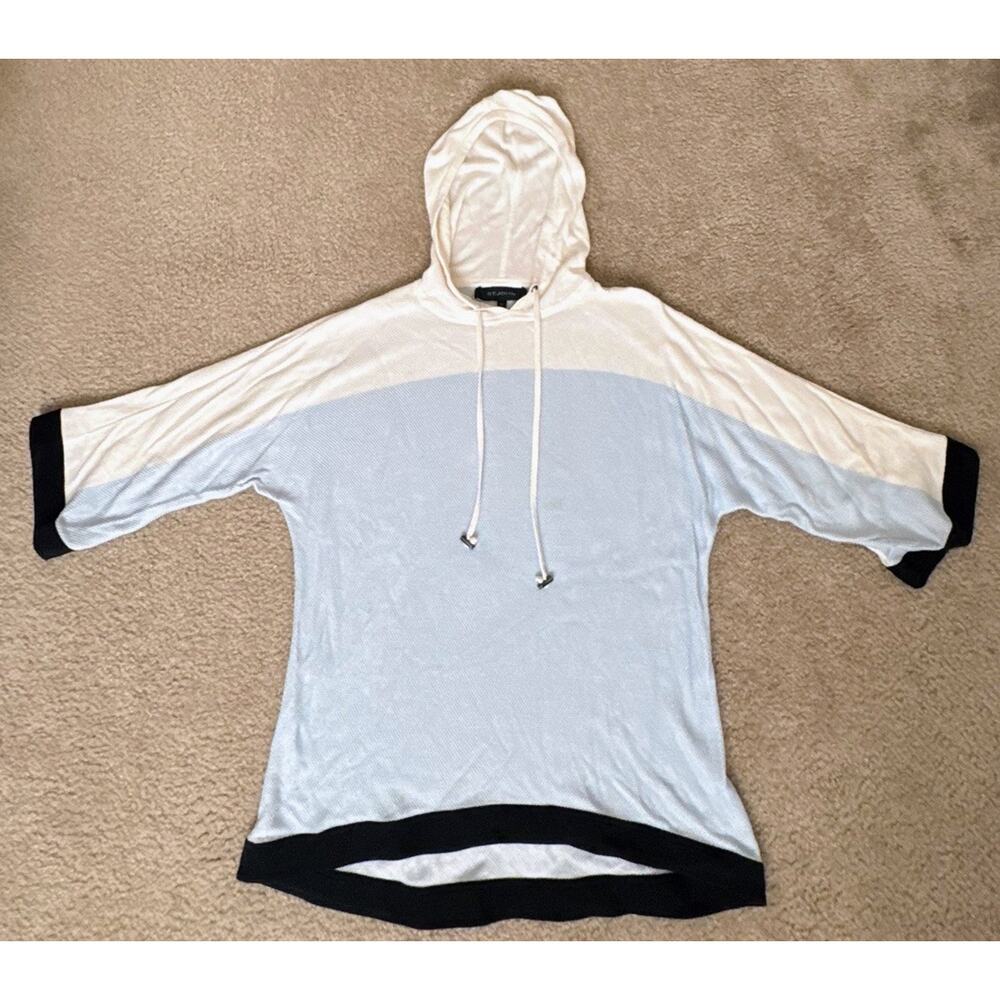St. John Sport Women’s Hooded Knit Sweater Poncho Top Blue White Size M Luxury